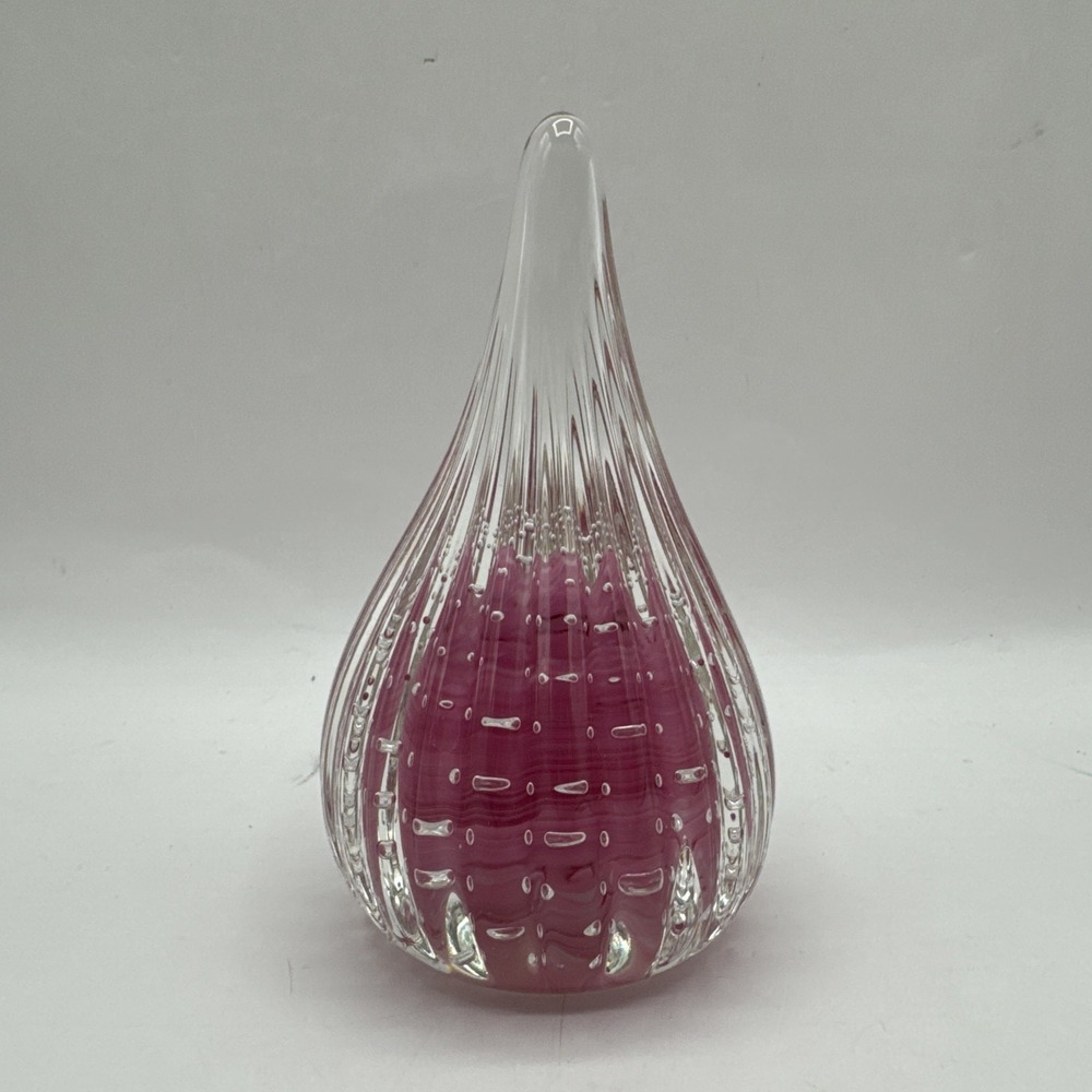 Vintage Joe Rice Art Glass Paperweight Teardrop Pink Geometric Controlled Bubble
